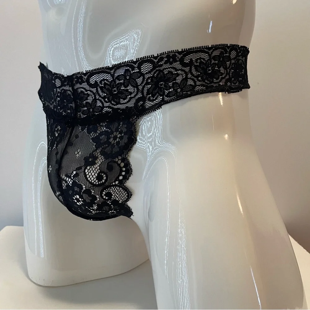 Mens Thong Lace Black Medium Floral Sheer New With Tags